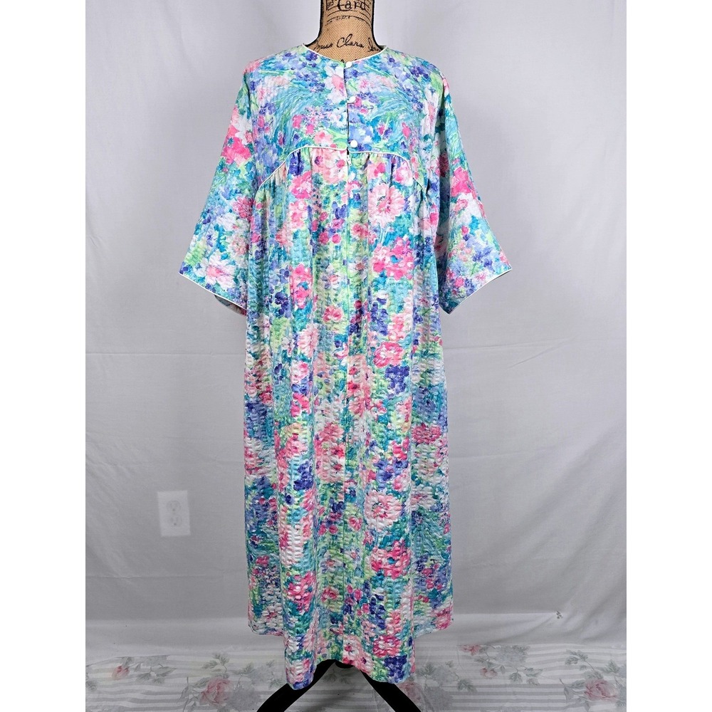 Miss Elaine At Home Floral Seersucker Housecoat Duster Robe Zip Large Blue Pink - Picture 4 of 14